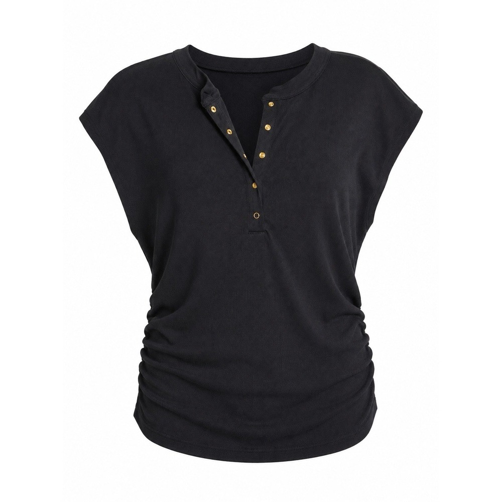 Michael‎ Stars Tee L Black Ribbed Henley Dolman Ruched Quiet Luxury Made USA